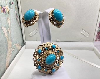 Vintage West Germany Turquoise Rhinestone Faux Pearl Gold Filigree Brooch &Clip Earrings