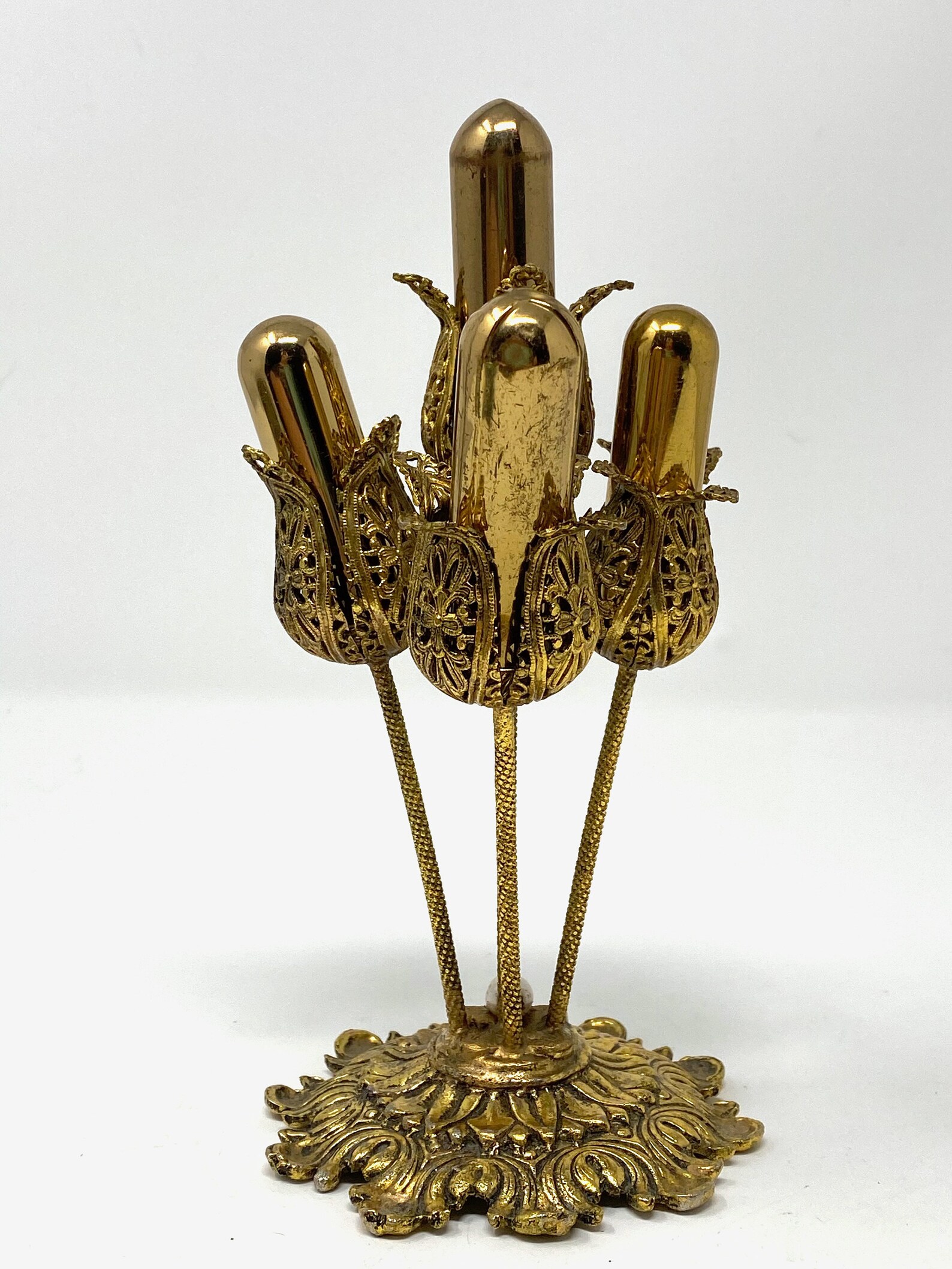 Vintage Tall Four Tulip Flowers Filigree Brass Lipstick Holder Etsy