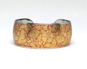 Stunning Vintage Style Gold Tone Red Floral Mix Bangle Bracelet