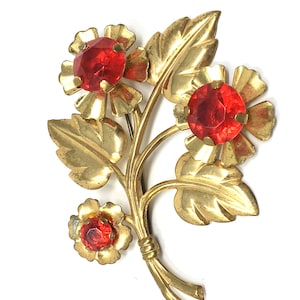 Antique Brooch Red Rhinestone Flower Gold Tone