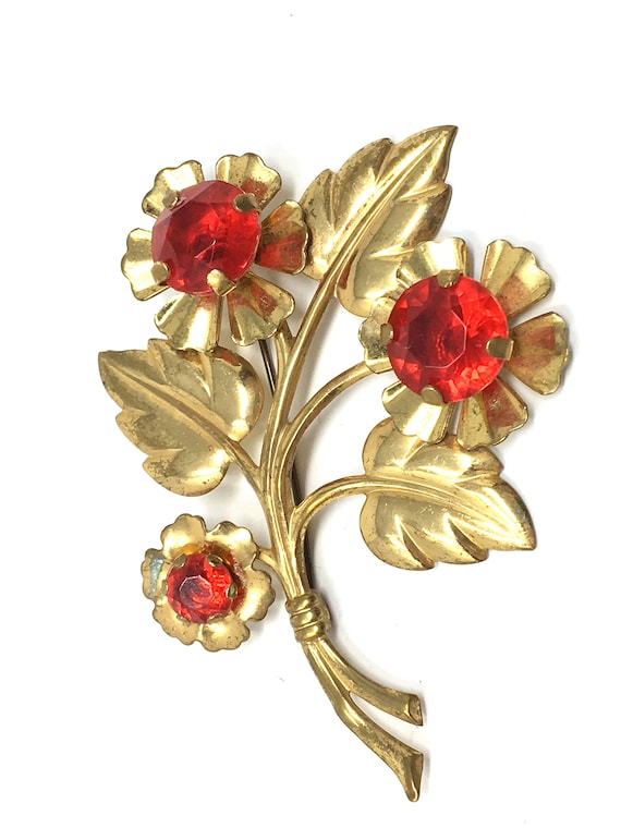 Antique Brooch Red Rhinestone Flower Gold Tone