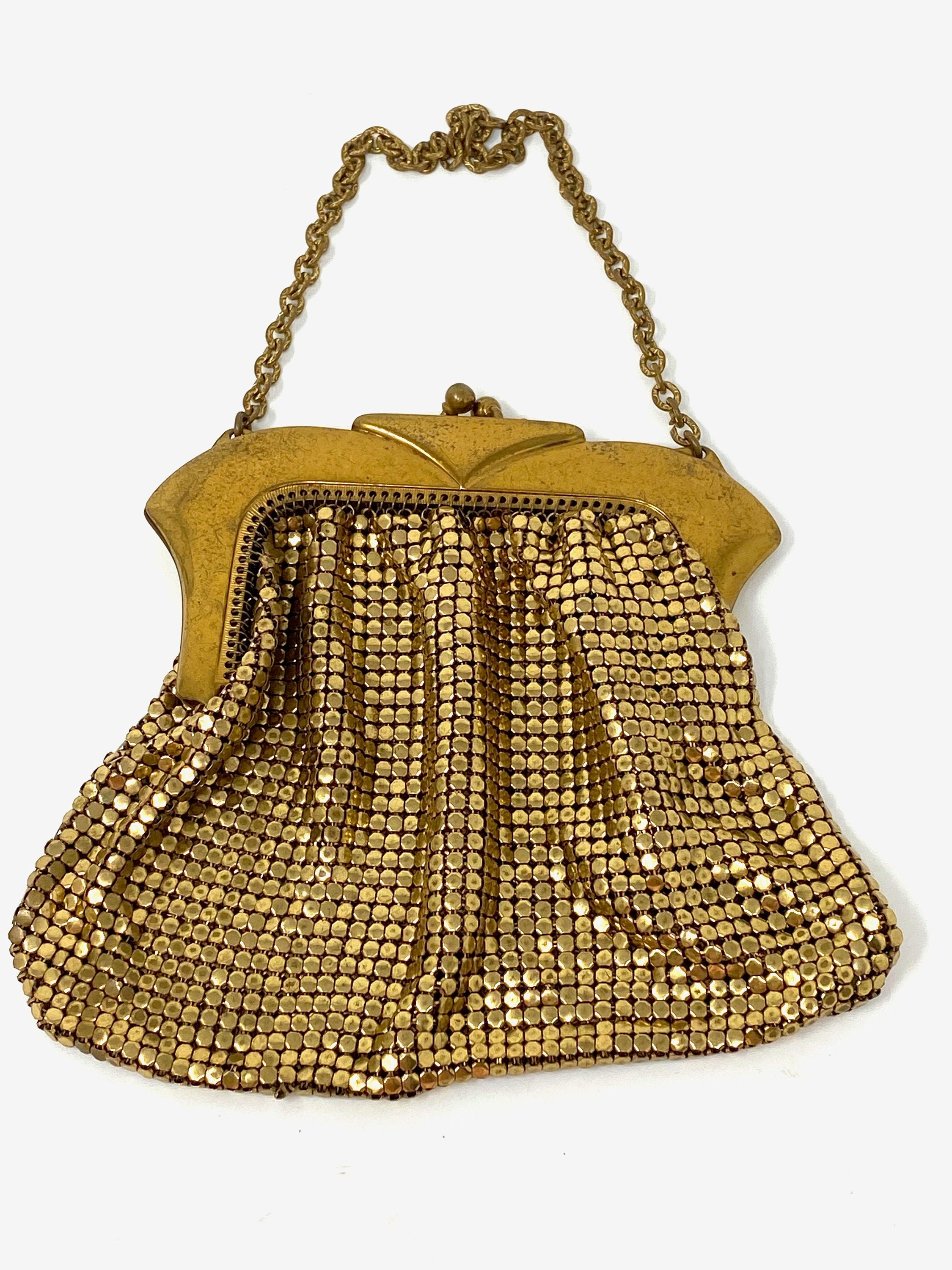 ★★ヴィンテージWHITING&DAVIS CO. ゴールド 　パーティーバック Whiting & Davis Mesh Bag With Rhinestone Clasp Gold Tone