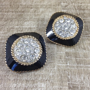 Vintage *Earrings Enamel Rhinestone Square Gold Tone Clip