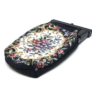 Vintage Petit Point Coin purse Made in Hong Kong Black Red Pink Purple Flowers