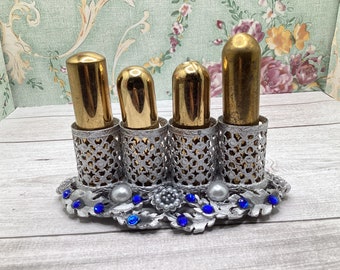 Vintage Filigree Blue and Faux Pearls Silver Tone Lipstick Holder