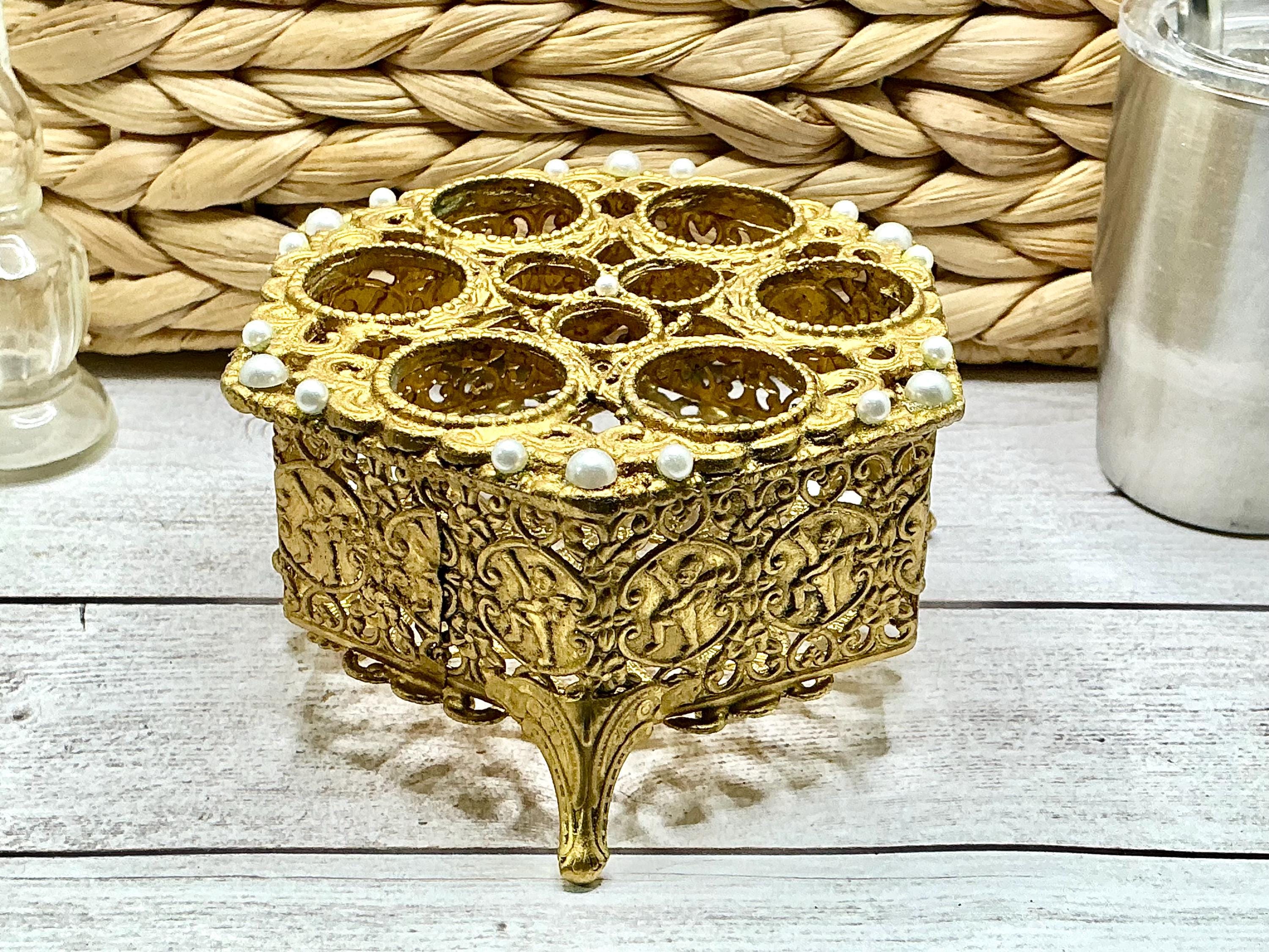 Vintage Footed Filigree Coins Faux Pearls Gold Tone Metal Lipstick & Eyeliner Holder