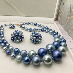 Vintage Blue Two Tone Japan Costume Jewelry Necklace Earrings Clip Set