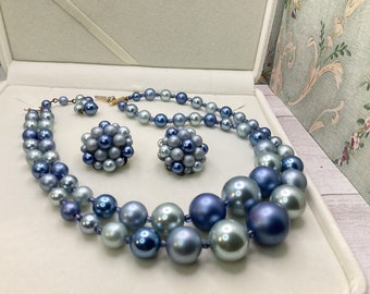 Vintage Blue Two Tone Japan Costume Jewelry Necklace Earrings Clip Set