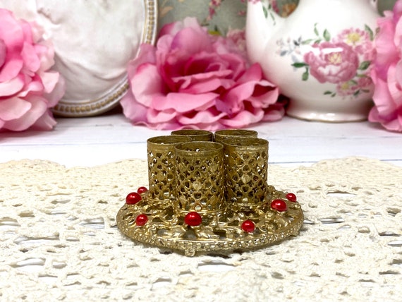 Vintage Filigree Round Red Beads Gold Tone Lipsti… - image 3