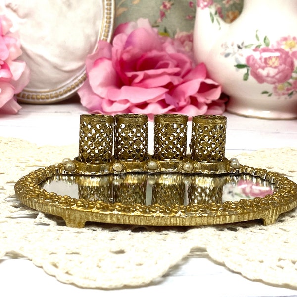 Vintage Filigree Mirror Tray Faux Pearls Gold Tone Lipstick Holder