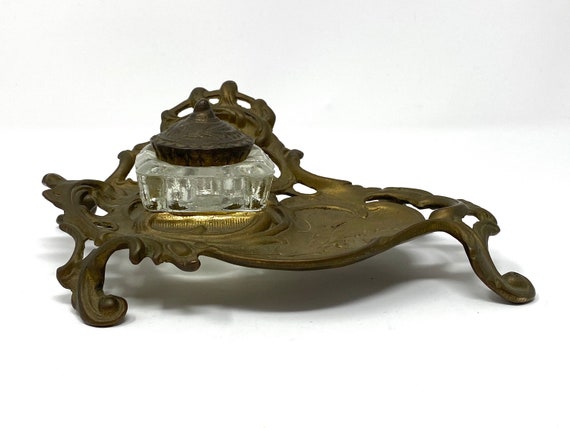 Vintage Ornate Solid Brass Inkwell Victorian Crys… - image 1