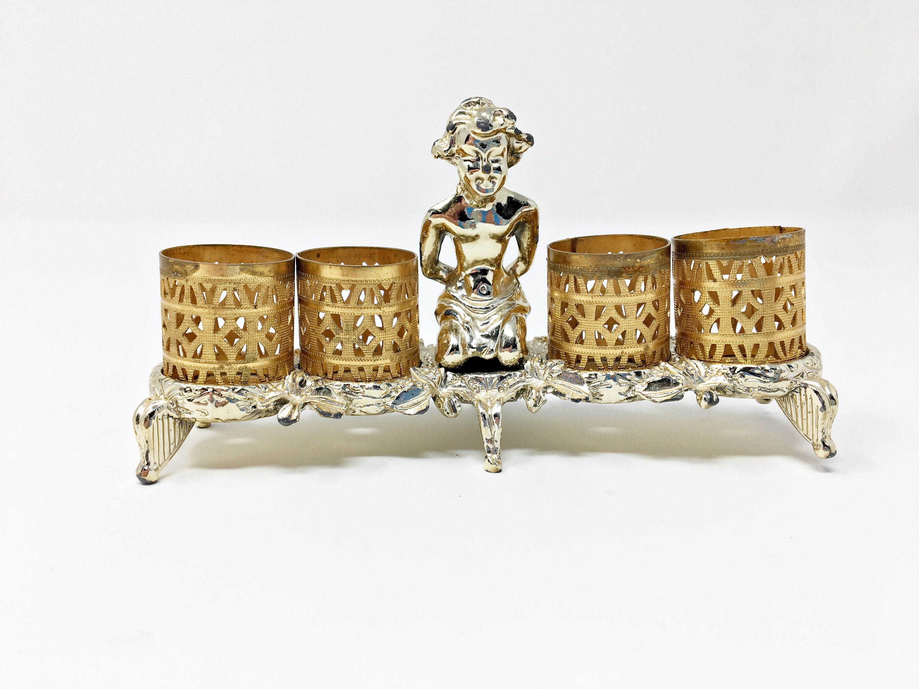 Vintage Lipstick Holder SF Cherub Filigree Footed Four Gold 