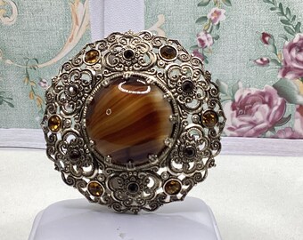 Vintage West Germany Swirl Faux Pearl Brownish Gold Tone Brooch