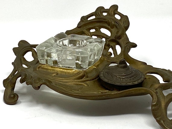 Vintage Ornate Solid Brass Inkwell Victorian Crys… - image 5