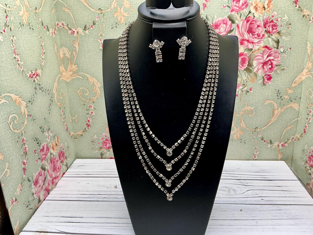 Vintage Gorgeous 70’s Clear Rhinestone Four Dangle Necklace and ...