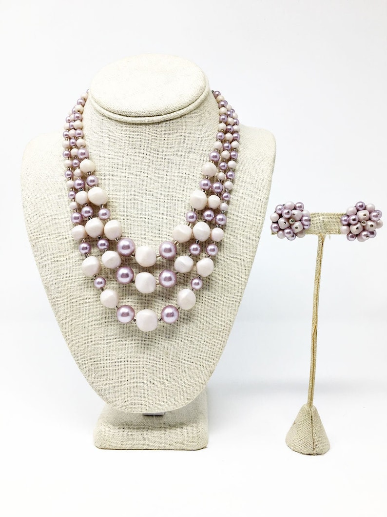 Vintage Japan Lavender Beaded Gradated Necklace Earrings Set