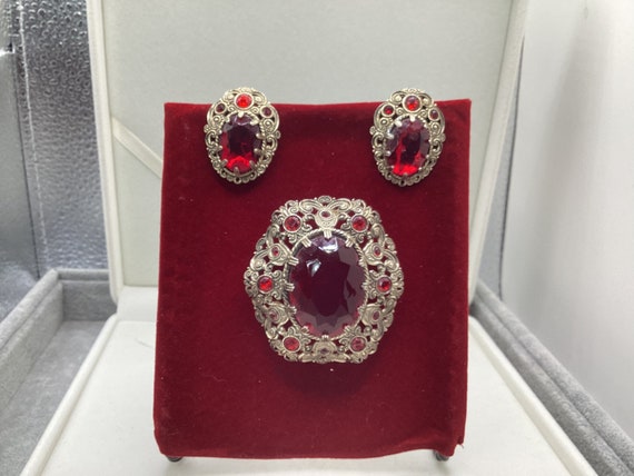 Vintage-West-Germany Red Rhinestones Faux Pearls … - image 1