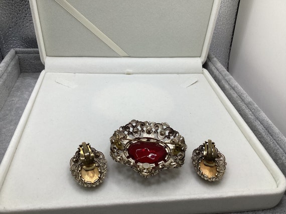 Vintage-West-Germany Red Rhinestones Faux Pearls … - image 2