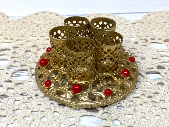 Vintage Filigree Round Red Beads Gold Tone Lipsti… - image 5