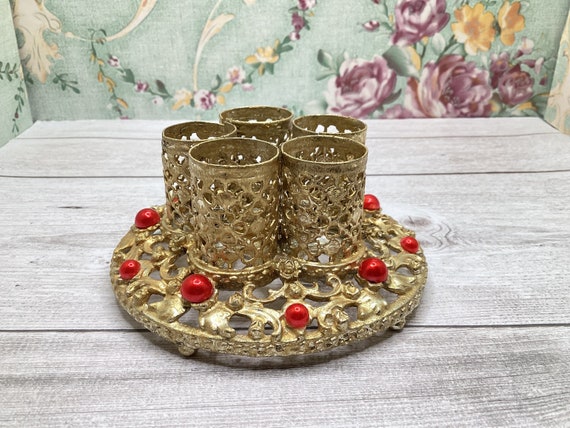 Vintage Filigree Round Red Beads Gold Tone Lipsti… - image 2
