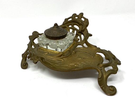 Vintage Ornate Solid Brass Inkwell Victorian Crys… - image 3