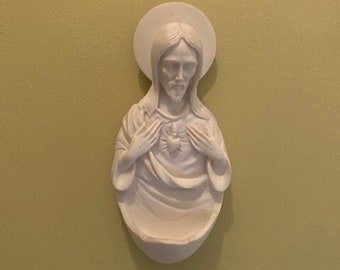 Vintage albast Holy water font / Jesus wall hanging statue