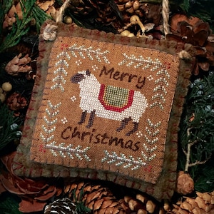 Merry Christmas Ewe Primitive Rustic Christmas Cross Stitch Chart Digital Pattern