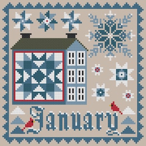 May include: A cross-stitch pattern featuring a blue and white quilt block, a blue house with white windows, and a snowflake design. The word "January" is stitched in blue and white, and two red cardinals are perched on branches.