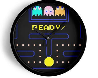 Pacman Wall Clock | Retro Arcade Game Decor for Game Room, Bedroom or Home Arcade Space with Vintage Pixel Style Art