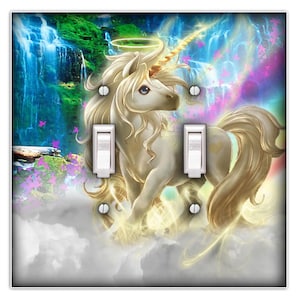 May include: A white unicorn with a rainbow mane and tail stands in a field of clouds with a waterfall in the background. The unicorn has a halo above its head and is surrounded by sparkling lights.