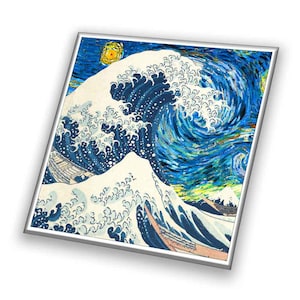 May include: A digital art print of the Great Wave off Kanagawa by Hokusai, with a swirling blue and yellow background reminiscent of Van Gogh's Starry Night.