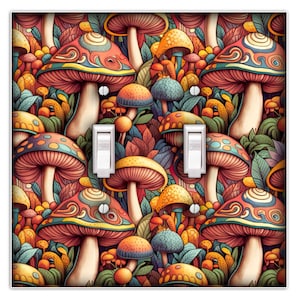 May include: A light switch cover with a psychedelic mushroom pattern. The cover features a variety of colorful mushrooms with intricate details. The background is a dark green with leaves and vines.