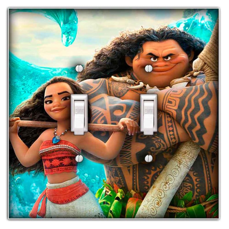 May include: A light switch cover featuring Moana and Maui from the Disney movie Moana. Moana is holding a wooden staff and Maui is standing behind her with his signature tattoos and a large, friendly smile.