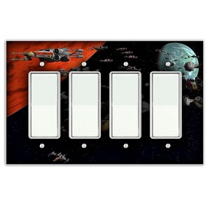 May include: A four-gang light switch cover with a Star Wars themed design. The cover features a space battle scene with X-wings, TIE fighters, and a planet in the background.
