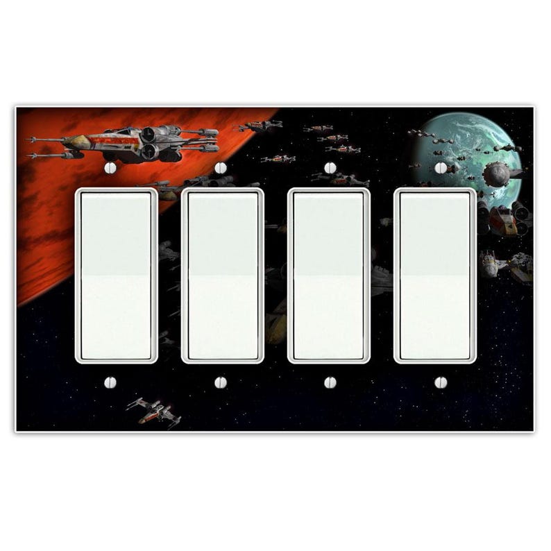 May include: A four-gang light switch cover with a Star Wars themed design. The cover features a space battle scene with X-wings, TIE fighters, and a planet in the background.
