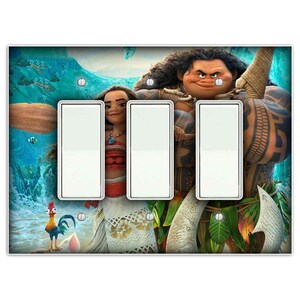 May include: A light switch plate cover featuring Moana and Maui from the Disney movie Moana. The cover is designed to fit a standard light switch and has a colorful tropical background.