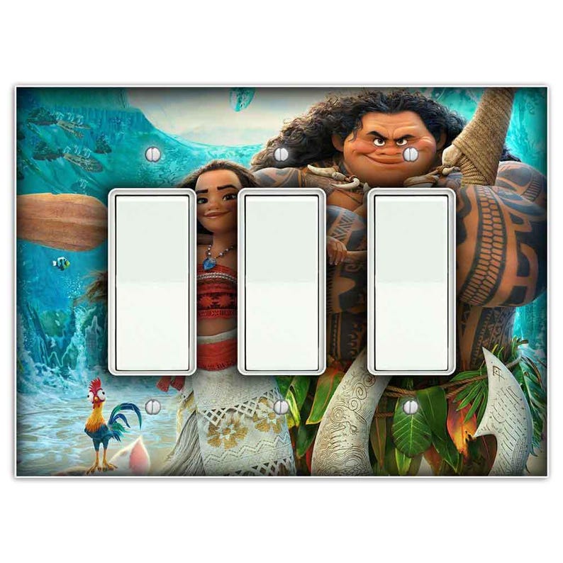 May include: A light switch plate cover featuring Moana and Maui from the Disney movie Moana. The cover is designed to fit a standard light switch and has a colorful tropical background.