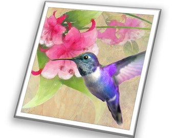 Purple Hummingbird Pink Flower Decorative Ceramic Tile Coaster