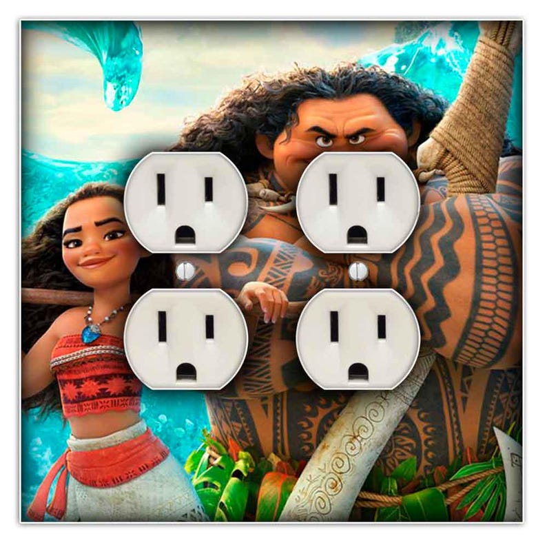 May include: A white electrical outlet cover with a colorful image of Moana and Maui from the Disney movie Moana. The image shows Moana holding a spear and Maui with his fish hook.