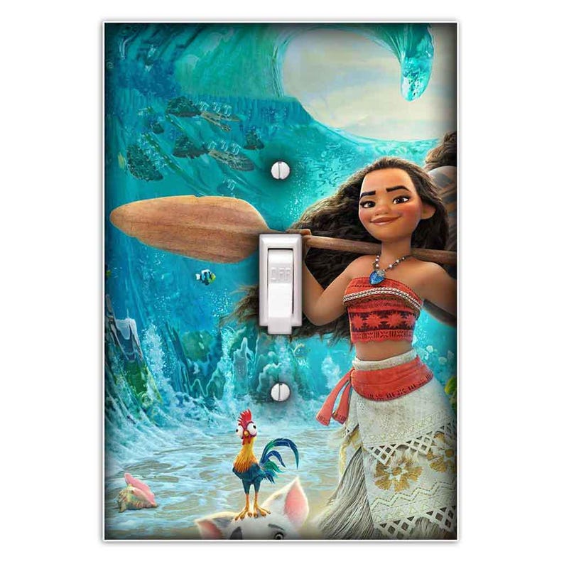 May include: A light switch cover featuring Moana from the Disney movie Moana. Moana is standing in the ocean with a paddle in her hand. She is wearing a red and white top and a white skirt. A rooster and a pig are in the foreground.