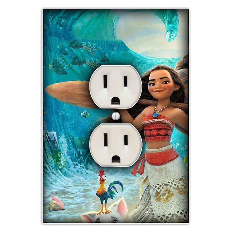 May include: A decorative outlet cover featuring Moana from the Disney movie Moana. The cover is white with two standard electrical outlets. The background is a blue ocean scene with Moana holding a paddle and a rooster and pig in the foreground.