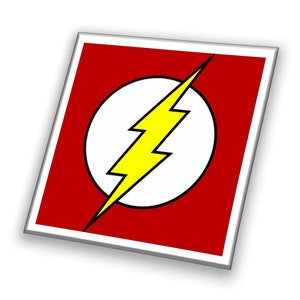 May include: A red square with a white circle containing a yellow lightning bolt. The lightning bolt is a popular superhero symbol.