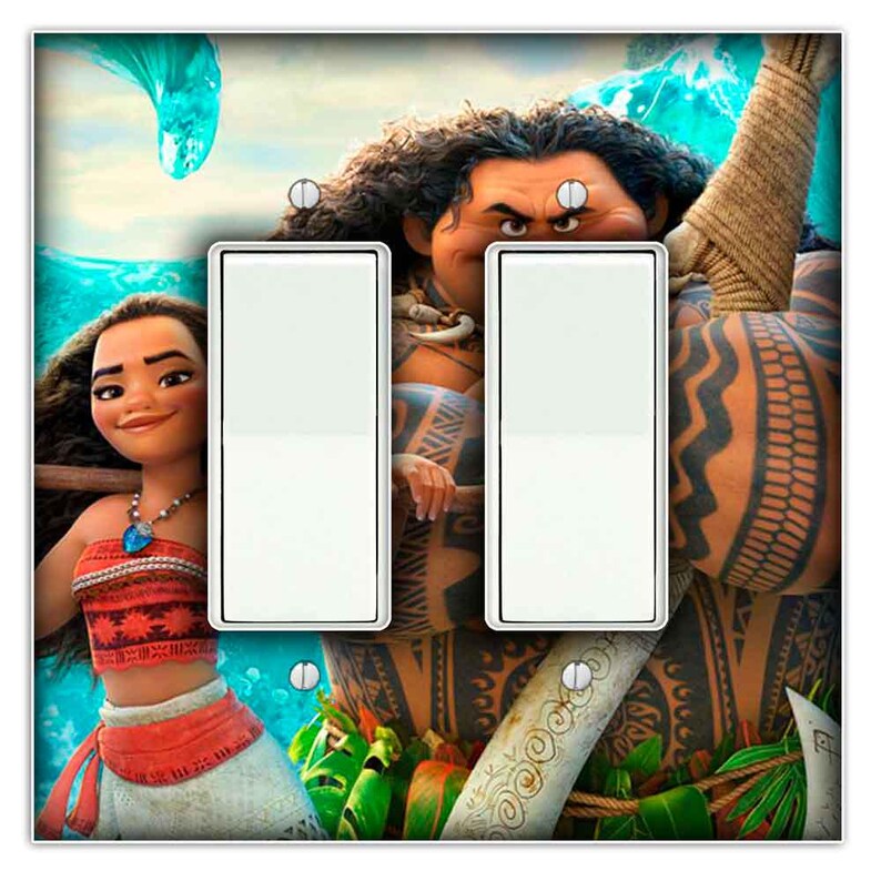 May include: A light switch plate featuring a colorful illustration of Moana and Maui from the Disney movie Moana. The image shows Moana with her hair in a braid and a red and orange dress, while Maui is in the background with his signature tattoos and a large fishhook.