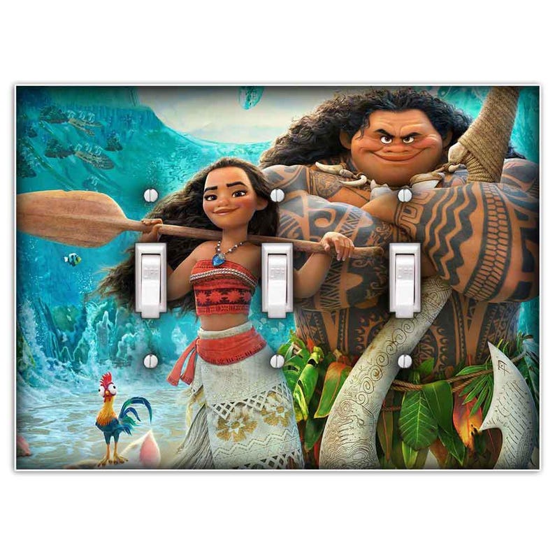 May include: A light switch plate featuring a colorful illustration of Moana and Maui from the Disney movie Moana. The image shows Moana holding a paddle and Maui with his signature tattoos and fish hook.