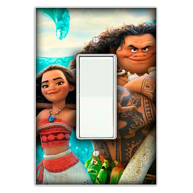 May include: A light switch cover featuring Moana and Maui from the Disney movie Moana. The cover is white with a blue and green background. Moana is wearing a red and orange dress and Maui is wearing a brown loincloth with tattoos.