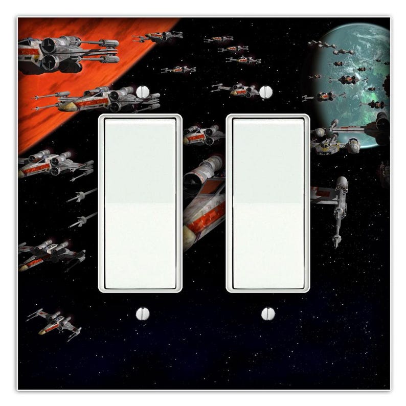 May include: A double light switch cover with a Star Wars themed design. The cover features a black background with a red and orange nebula in the upper left corner and a green planet in the upper right corner.  X-Wing starfighters are flying through space in the background.