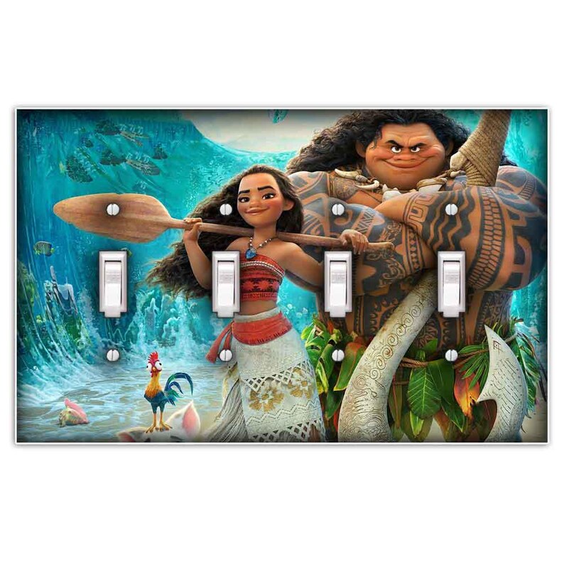 May include: A light blue, green, and white light switch cover with a colorful image of Moana and Maui from the Disney movie Moana. Moana is holding a wooden paddle and Maui is holding a fish hook. The background is a blue ocean with waves.