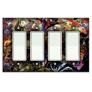 Puede incluir: Una placa de cubierta de interruptor de luz de cuatro botones con un dise&ntilde;o de c&oacute;mic colorido con superh&eacute;roes como Spider-Man, Venom y otros personajes. La cubierta del interruptor est&aacute; hecha de pl&aacute;stico duradero y es f&aacute;cil de instalar.