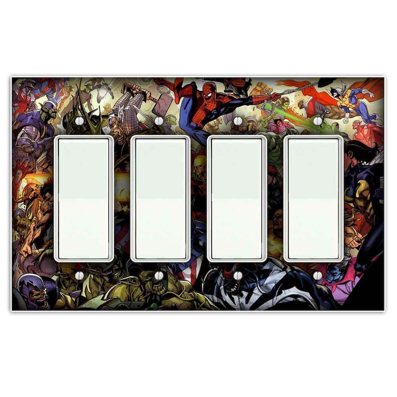 Puede incluir: Una placa de cubierta de interruptor de luz de cuatro botones con un dise&ntilde;o de c&oacute;mic colorido con superh&eacute;roes como Spider-Man, Venom y otros personajes. La cubierta del interruptor est&aacute; hecha de pl&aacute;stico duradero y es f&aacute;cil de instalar.
