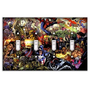 Puede incluir: Una cubierta de interruptor de luz colorida con un collage de personajes de superh&eacute;roes de Marvel, incluyendo Spider-Man, Capit&aacute;n Am&eacute;rica, Iron Man, Hulk y Thor. Los personajes est&aacute;n representados en poses de acci&oacute;n, con una composici&oacute;n din&aacute;mica y en&eacute;rgica.